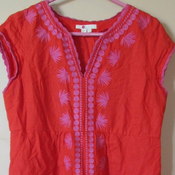 Boden 100% Linen Red Orange Pink Embroidered Shift Dress 8 Short Sleeve V Neck - Picture 4 of 4